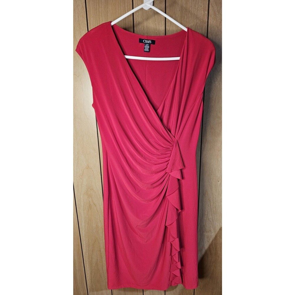 Chaps Womens Large Red Ruched Ruffle Wrap Style Dress Cap Sleeve Stretch